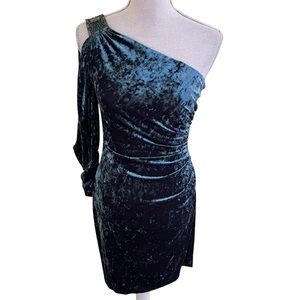 Aiden Mattox Teal Blue Crushed Velvet One Shoulder Knee Length Sheath Dress 2